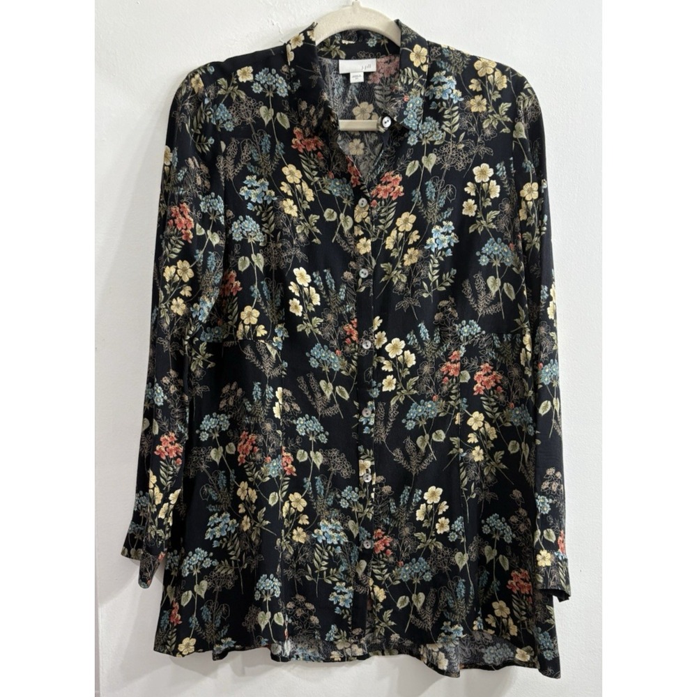 J. Jill Womens XS Black Floral Button Up Blouse 100% Rayon Boho Cottagecore